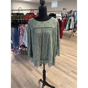 Daniel Rainn Olive Eyelet 3/4 Sleeve Blouse Size 2XL